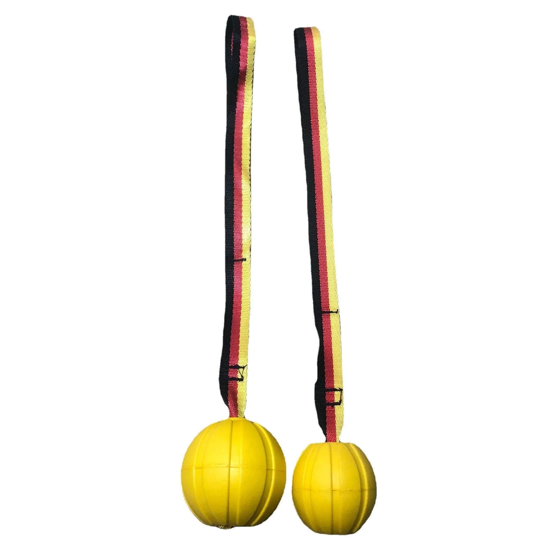 Floating EVA dog training ball with attached string in camouflage and yellow colours, showing three diameter sizes