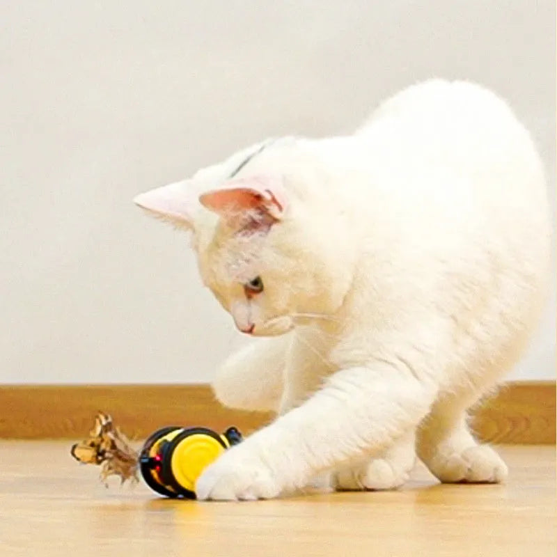 Electric cat toy with bee design on feather teaser wand showing automatic movement function