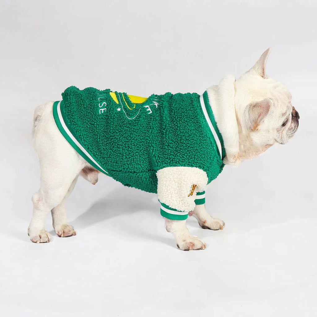 Green dog winter jacket with fleece lining shown in sizes L to 4XL
