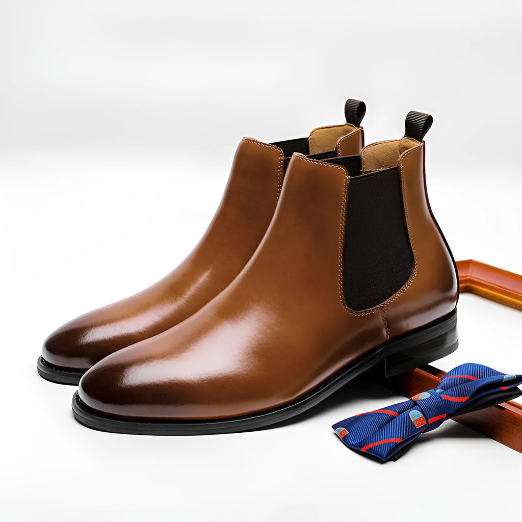 Men's British Retro Chelsea boots in black or brown genuine cowhide leather with fleece lining and low heel
