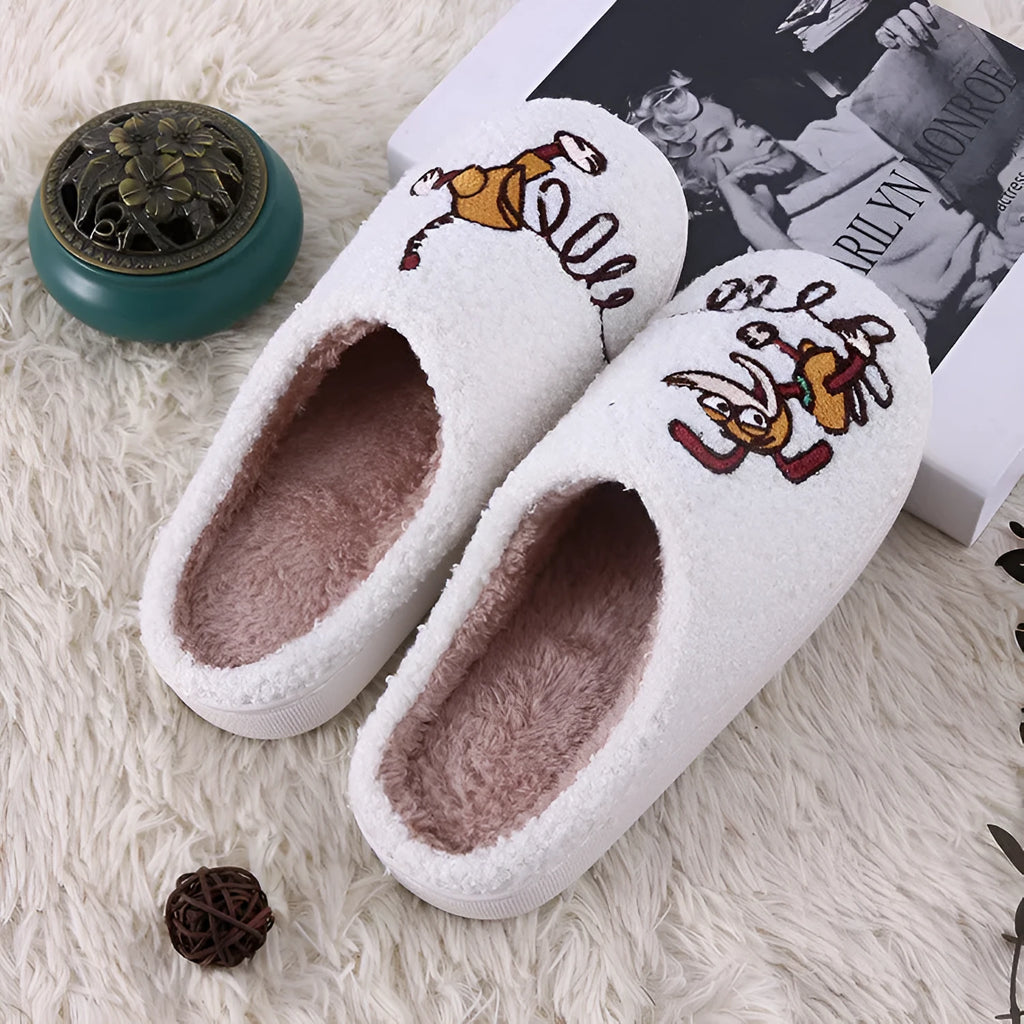 White fluffy cartoon slippers with a thick rubber non-slip sole and a toe holder strap.