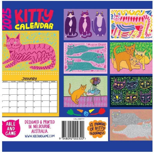 A3 landscape cat calendar wall planner showing monthly feline illustrations
