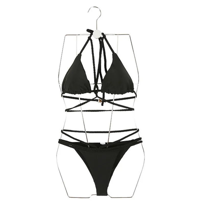 Black and red nylon bikini swimsuit set for women, shown as a two-piece top and pants.