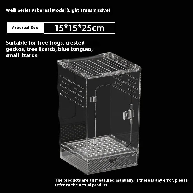 Clear acrylic reptile feeding box showing transparent sides and ventilation, next to a size chart.