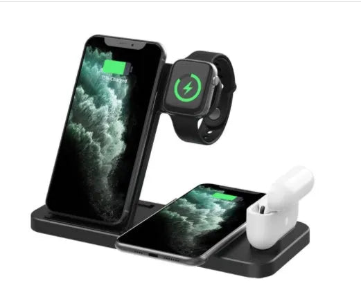 18W folding vertical 4in1 fast charge wireless charger in black plastic casing on a desk