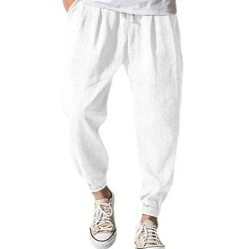 Men's casual cotton banded ankle pants in loose summer fit showing seven colour options