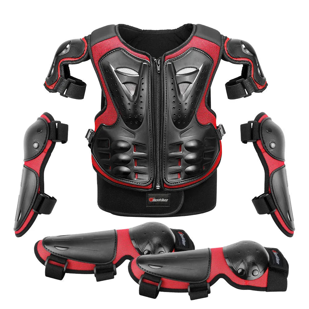 Children's five-piece motorcycle armour protective gear set in black for outdoor cycling and running sports