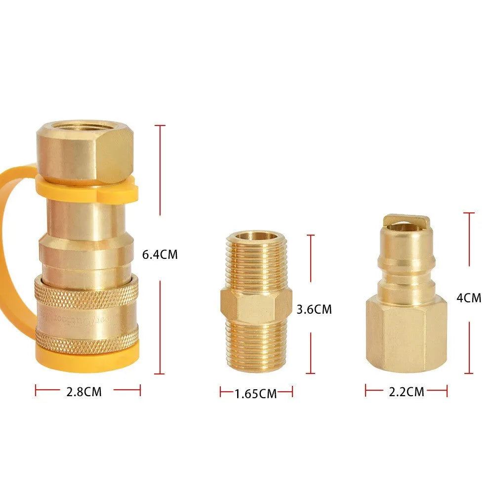 Gold-coloured brass 3/8 inch gas propane charging connector with American standard threads