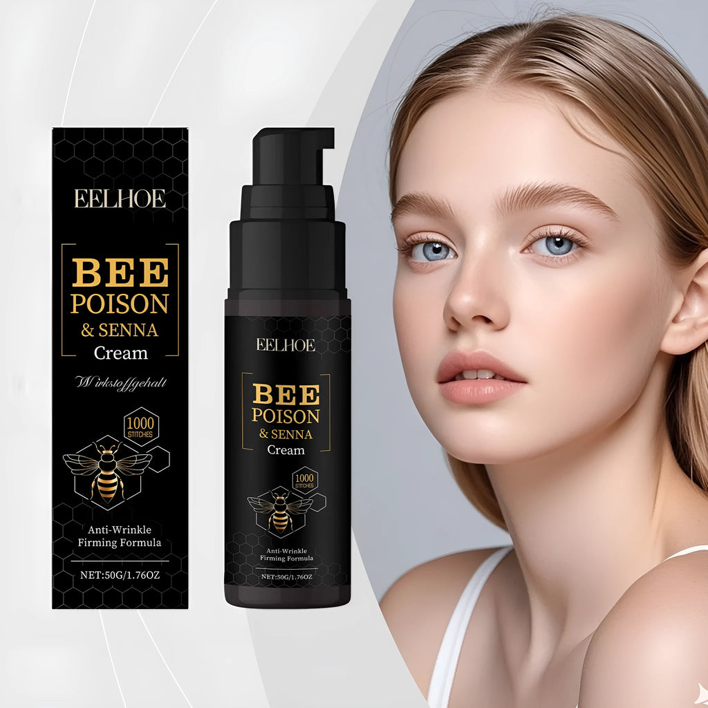Bee venom facial cream in a compact white pot, 50g net content, dimensions 3.3x3.3x12.5cm