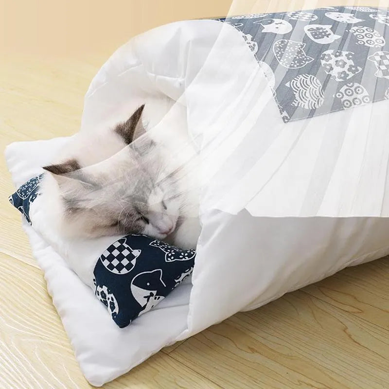 Warm grey cat bed with removable sleeping bag and pillow, shown in medium size