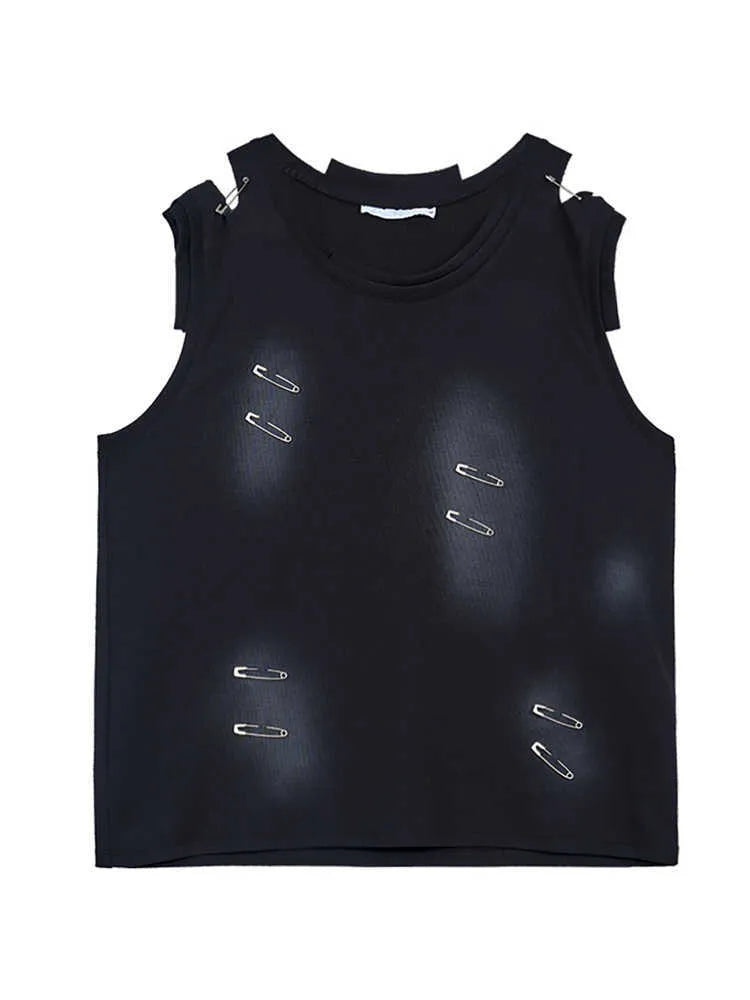 Men's black sleeveless t-shirt waistcoat with ripped irregular cutting detail and round neck collar