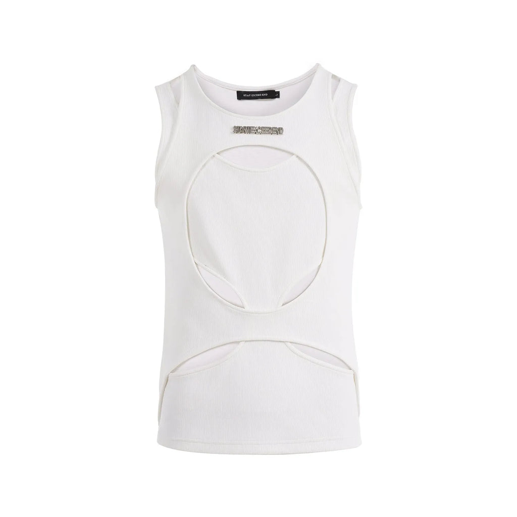 Man wearing a white, sleeveless, hollow-knit cotton waistcoat with a round neck.