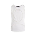 Man wearing a white, sleeveless, hollow-knit cotton waistcoat with a round neck.