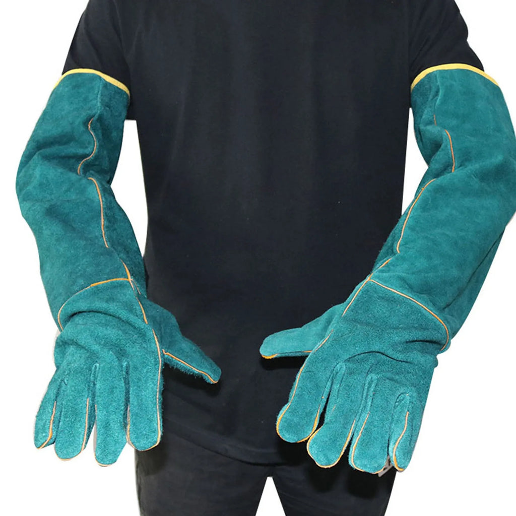 Dark green long sleeve leather gloves for handling and protecting against animal bites and scratches.