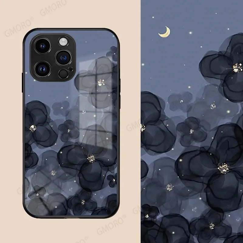 Flower glass iPhone case with tulip and smiling face design, UV coating, shockproof protection, Regular Glass Shell 802 and 803