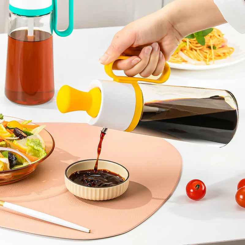 2 in 1 oil dispenser with silicone brush on wooden table against dark background