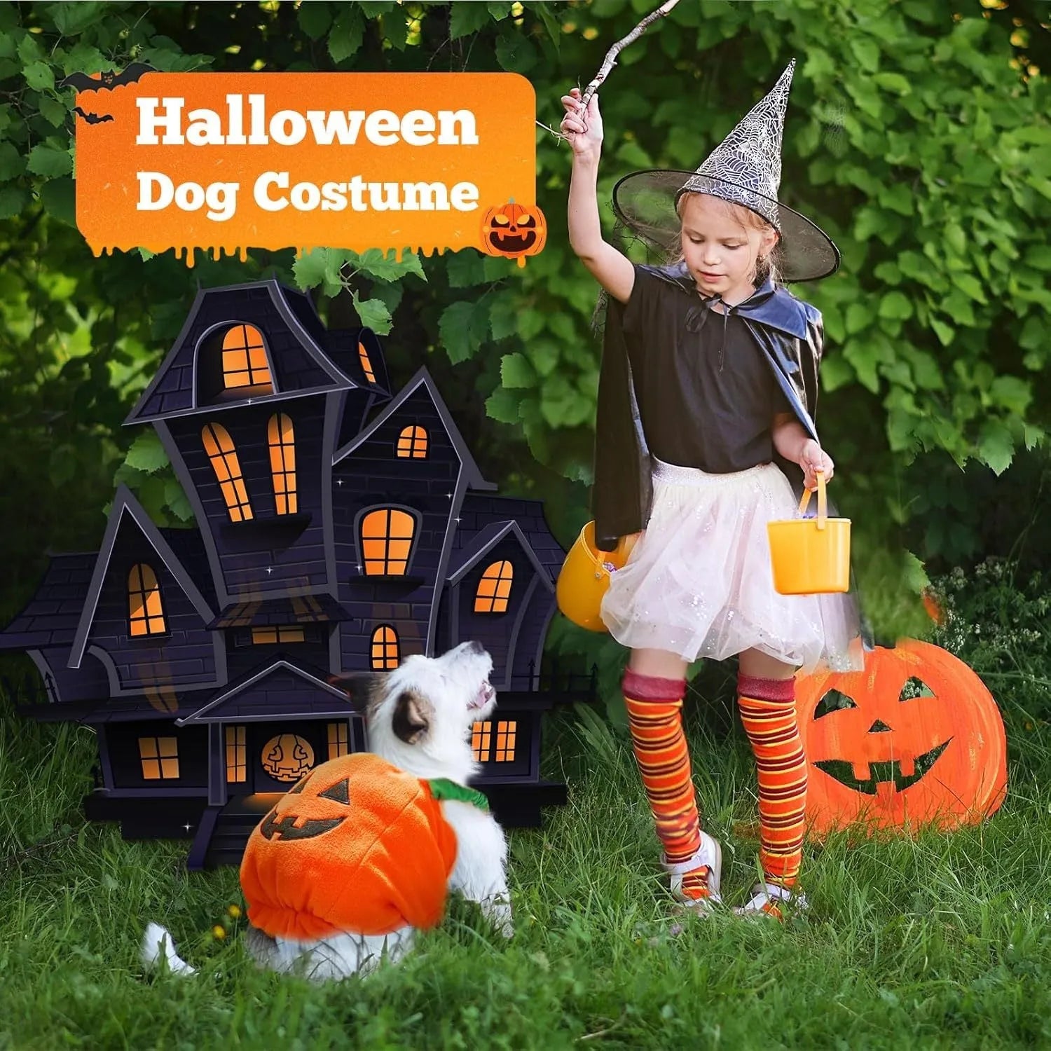 Orange plush pumpkin Halloween costume on small dog with stem decoration and pullover design