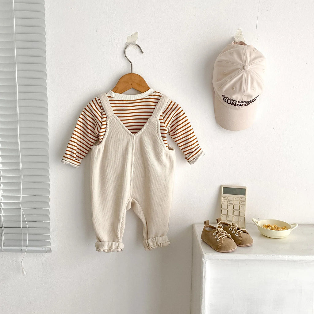 Unisex baby cotton striped top and bib pants set with car embroidery in size 80cm