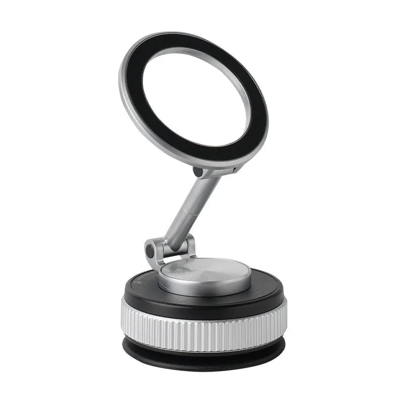 Car navigation suction cup folding mobile phone bracket in black and silver on dashboard