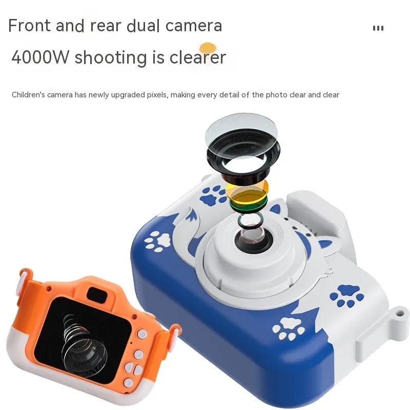 Blue and orange children's digital camera with games and filters on ABS plastic body