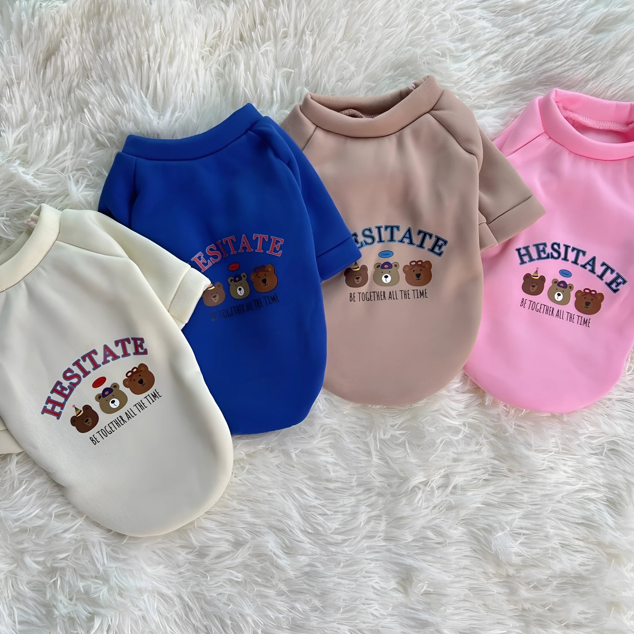 Korean cartoon plush dog clothes in beige with hood, polyester, side view on a dog
