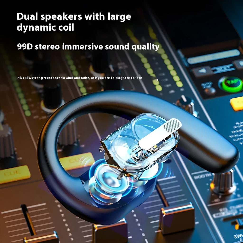 Unilateral ear-mounted Bluetooth headset in black or ivory white with dual speakers and Smart Touch.