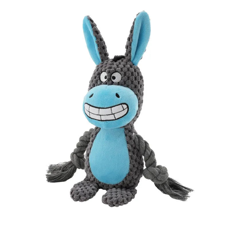 Plush dog toy with cotton rope elements and sound feature for tug of war training in animal designs