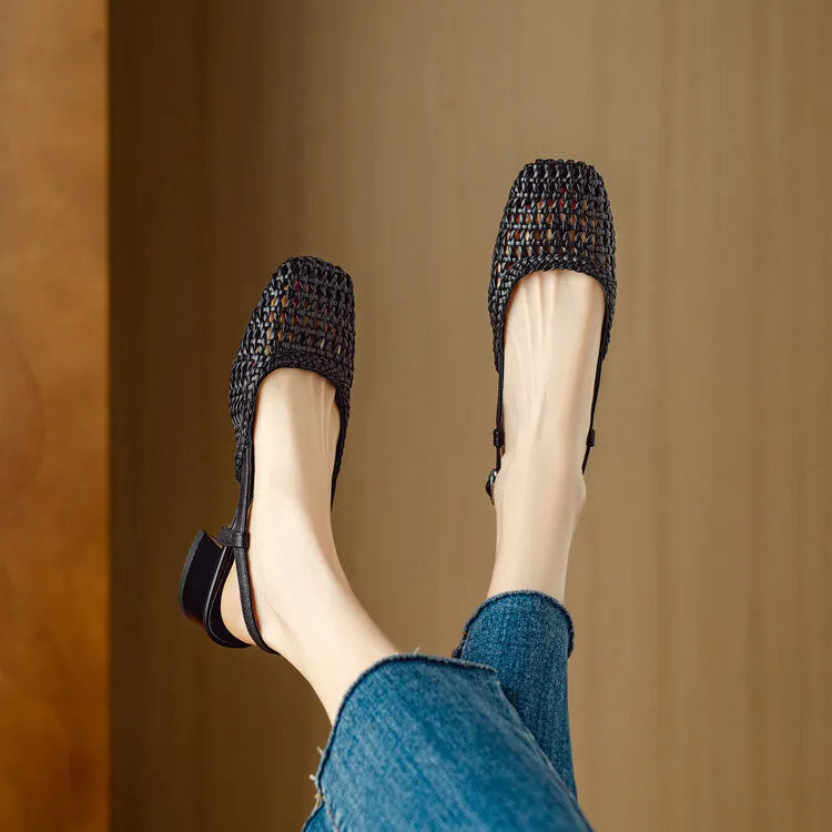 Women's woven hollow-out closed toe sandals with 4cm chunky heel and square head scaffolding shape
