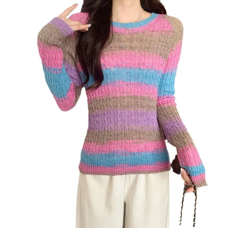Striped round neck pullover sweater for women slim fit long sleeve embossing knit in pink