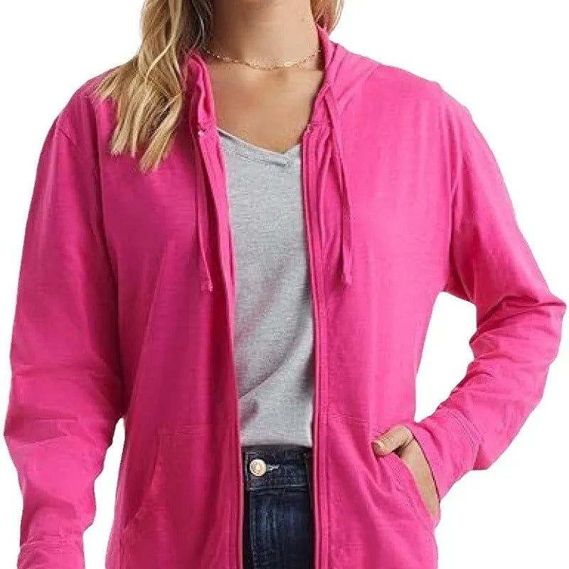 Polyester sports hoodie pullover in loose fit with long sleeves, shown in solid colour options.