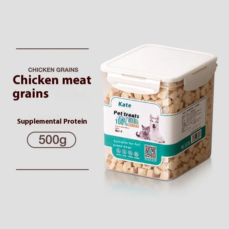 500g bag and barrel of freeze-dried chicken grain-free cat treats nuggets
