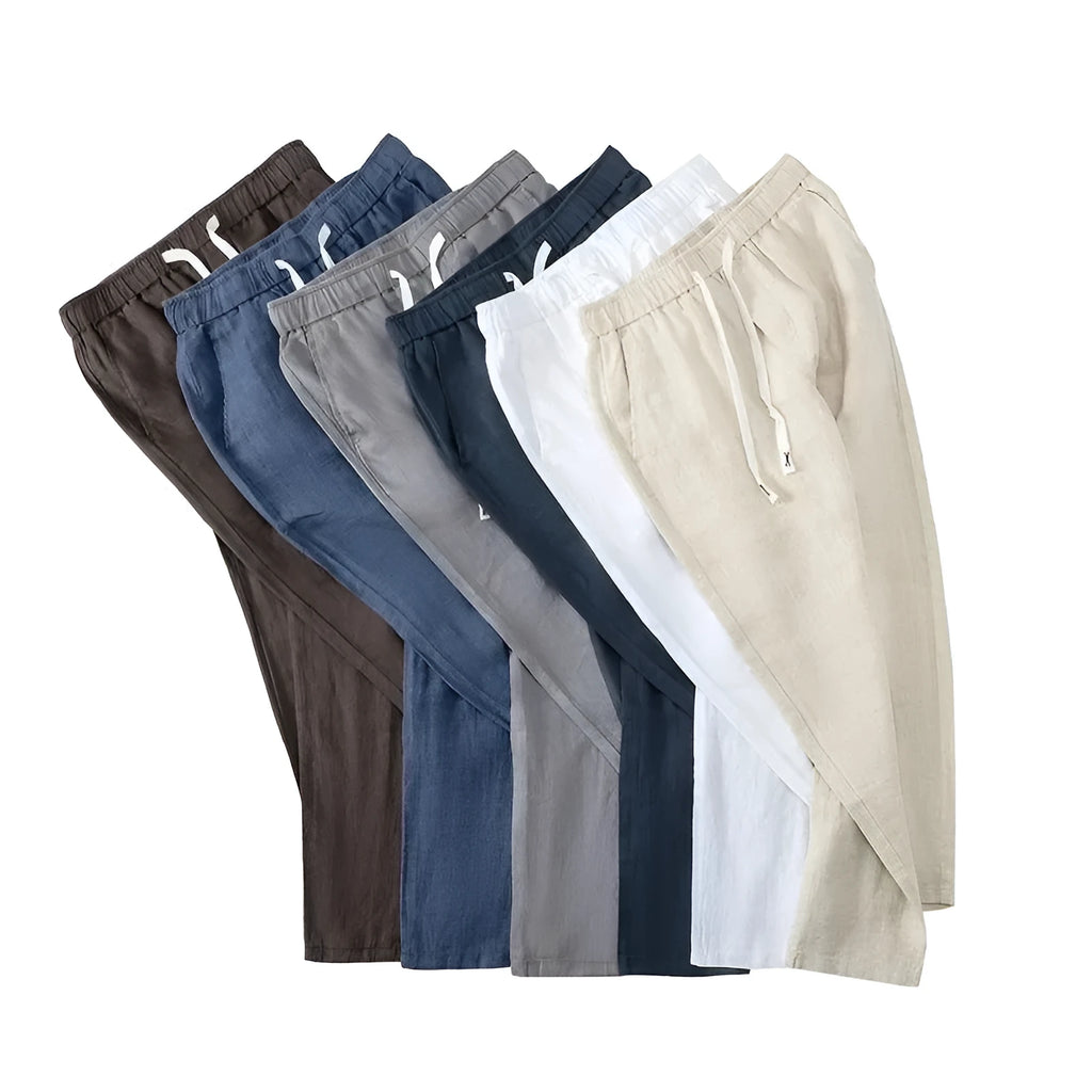 Pure linen Chinese style trousers with drawstring waist in straight leg cut available in multiple colours