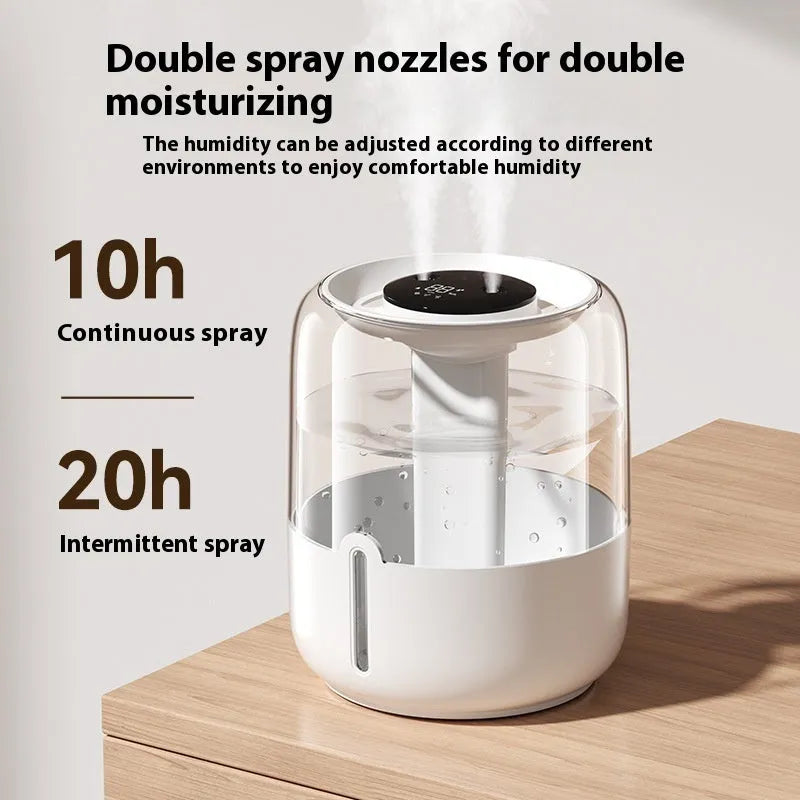 Beige round humidifier with display, dual spray nozzles, and USB port