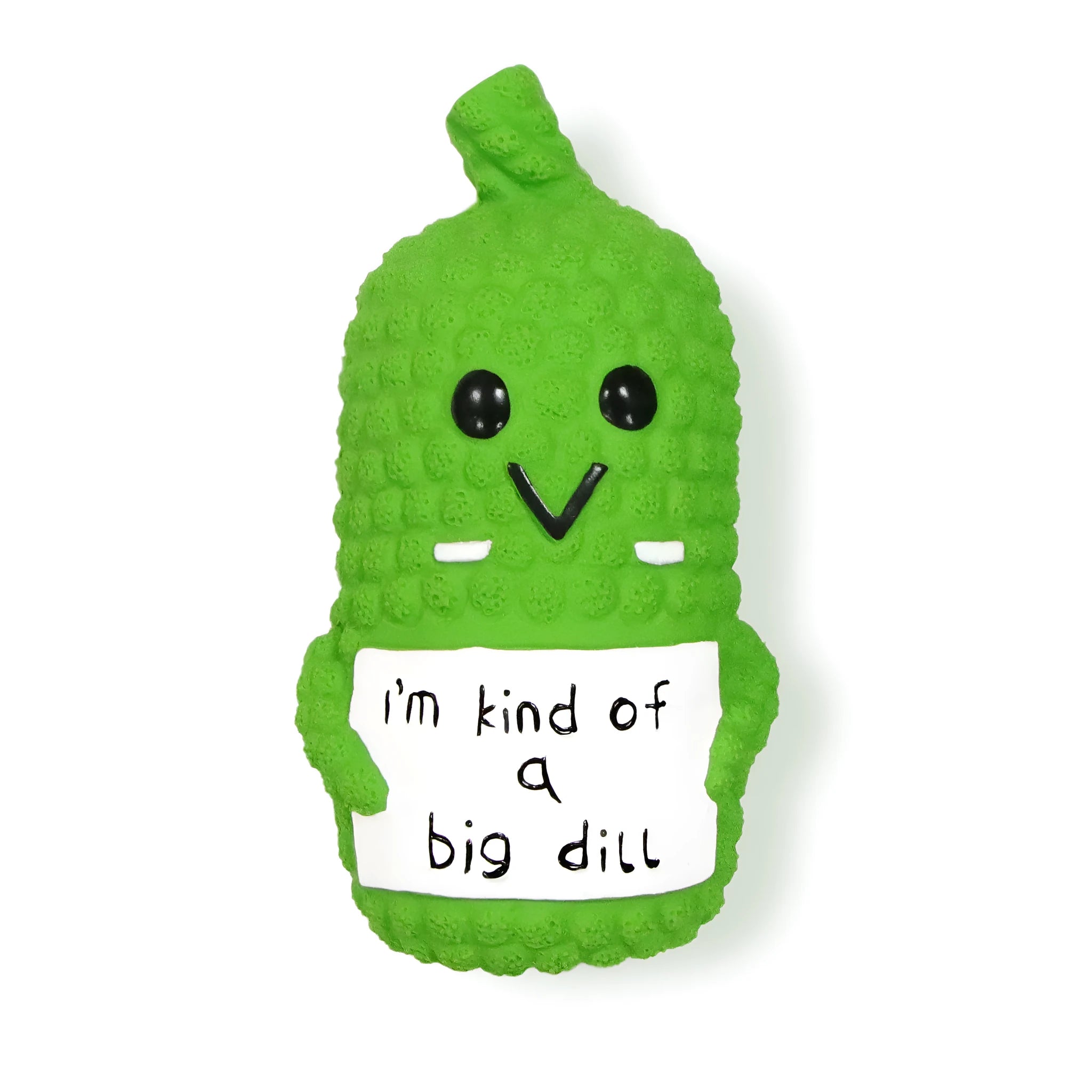Green pickle-shaped squeaky dog toy with textured nubs, shown next to a measuring tape indicating 13.6 cm length.