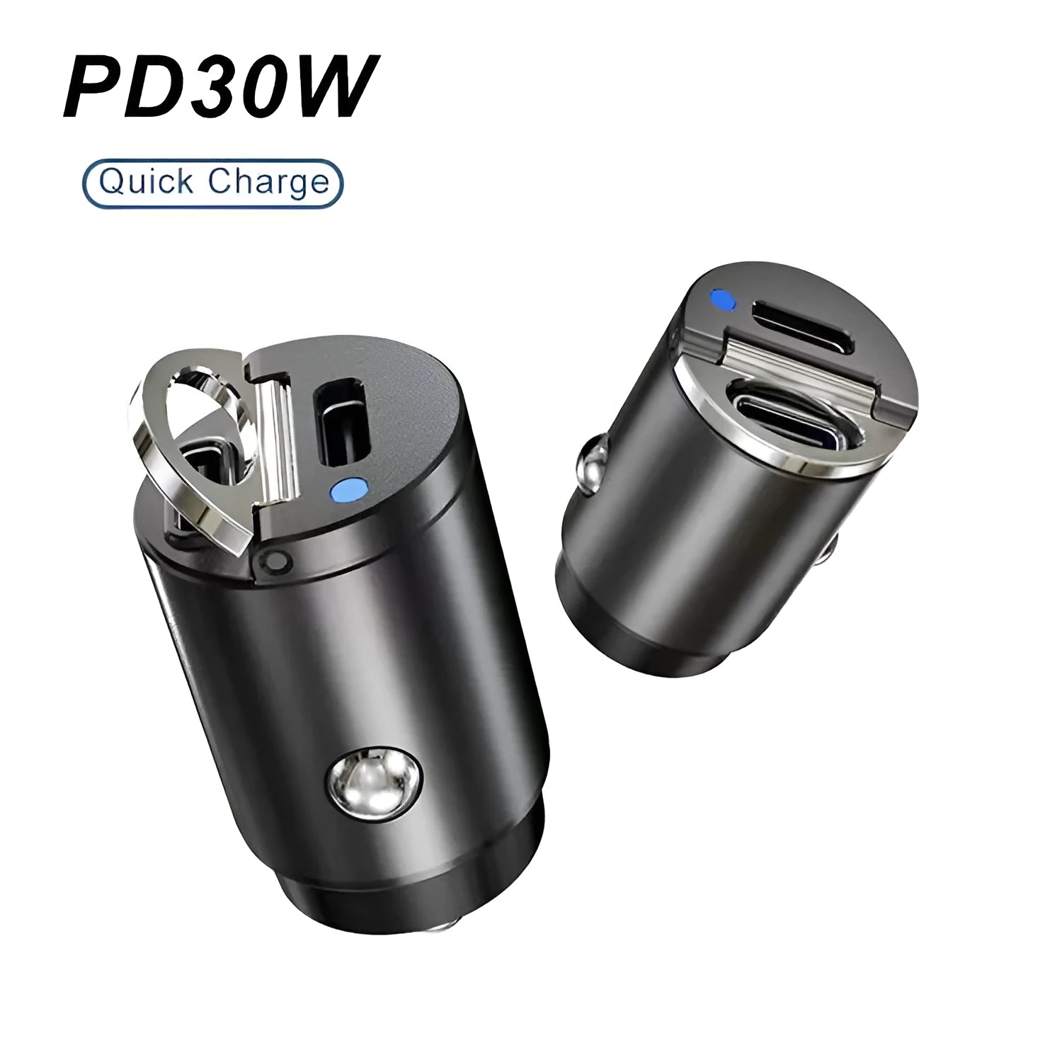 Small black zinc alloy 30W USB-C car charger for cigarette lighter socket with PD and QC fast charging.