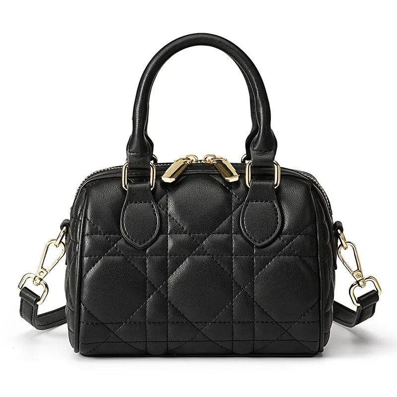 Genuine leather rhombus Boston shoulder messenger bag in cowhide, black colour, 18x11x14cm