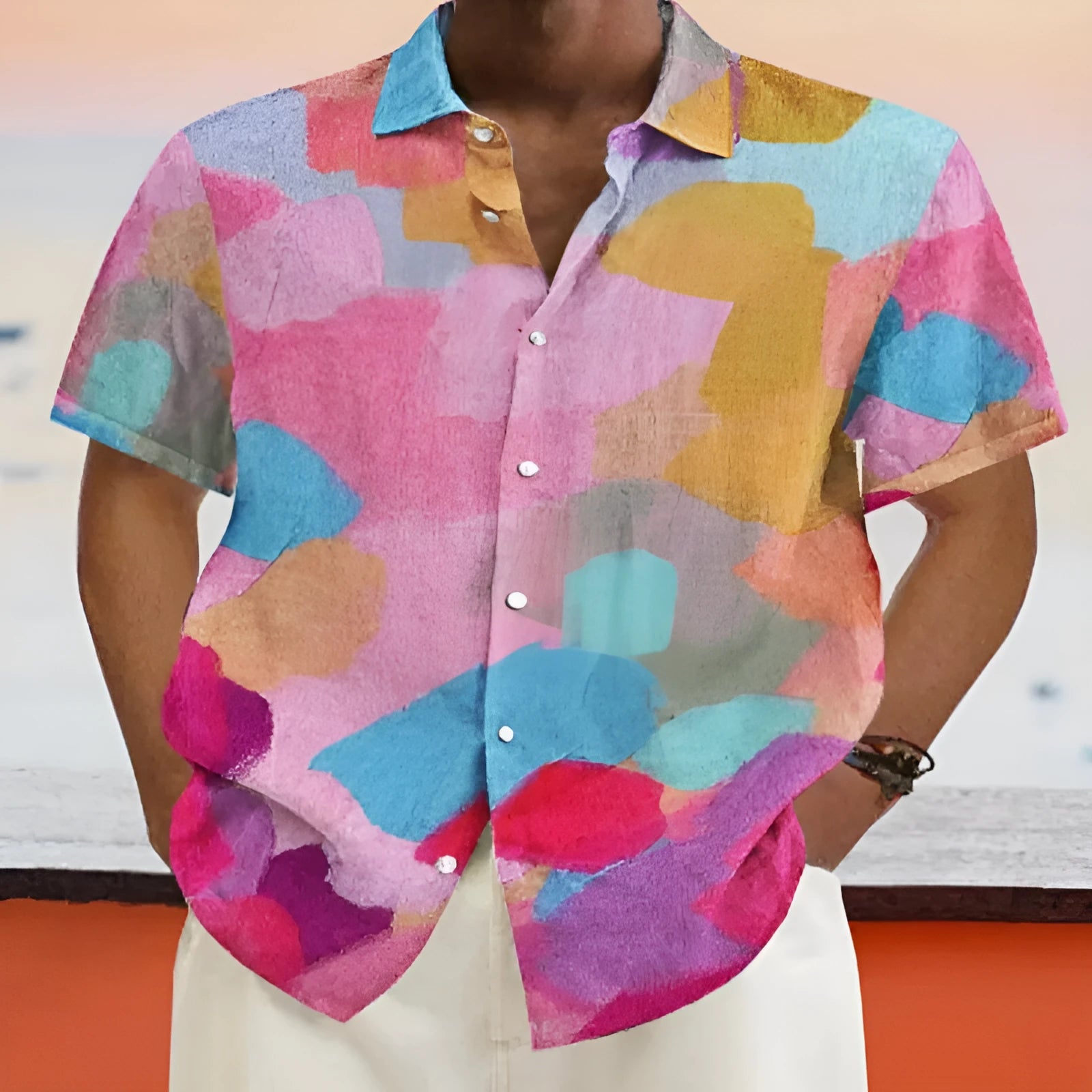 Hawaiian style short sleeve cardigan with 3D printed design and stand collar in picture colour