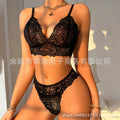 Black lace three-piece lingerie set for women in sizes S to XL with perspective lace detail