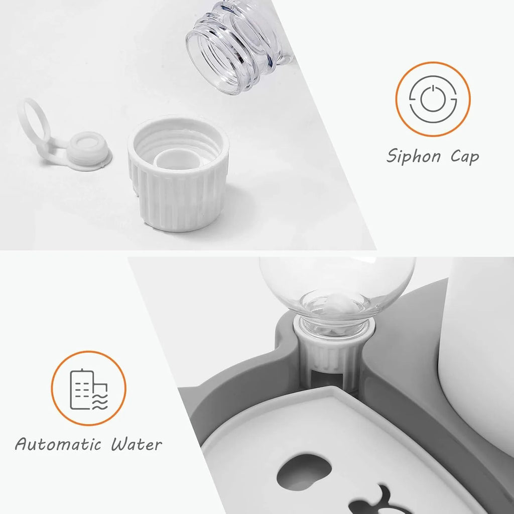 Grey panda-shaped automatic water dispenser and tilted stainless steel feeding bowl set for cats and small dogs