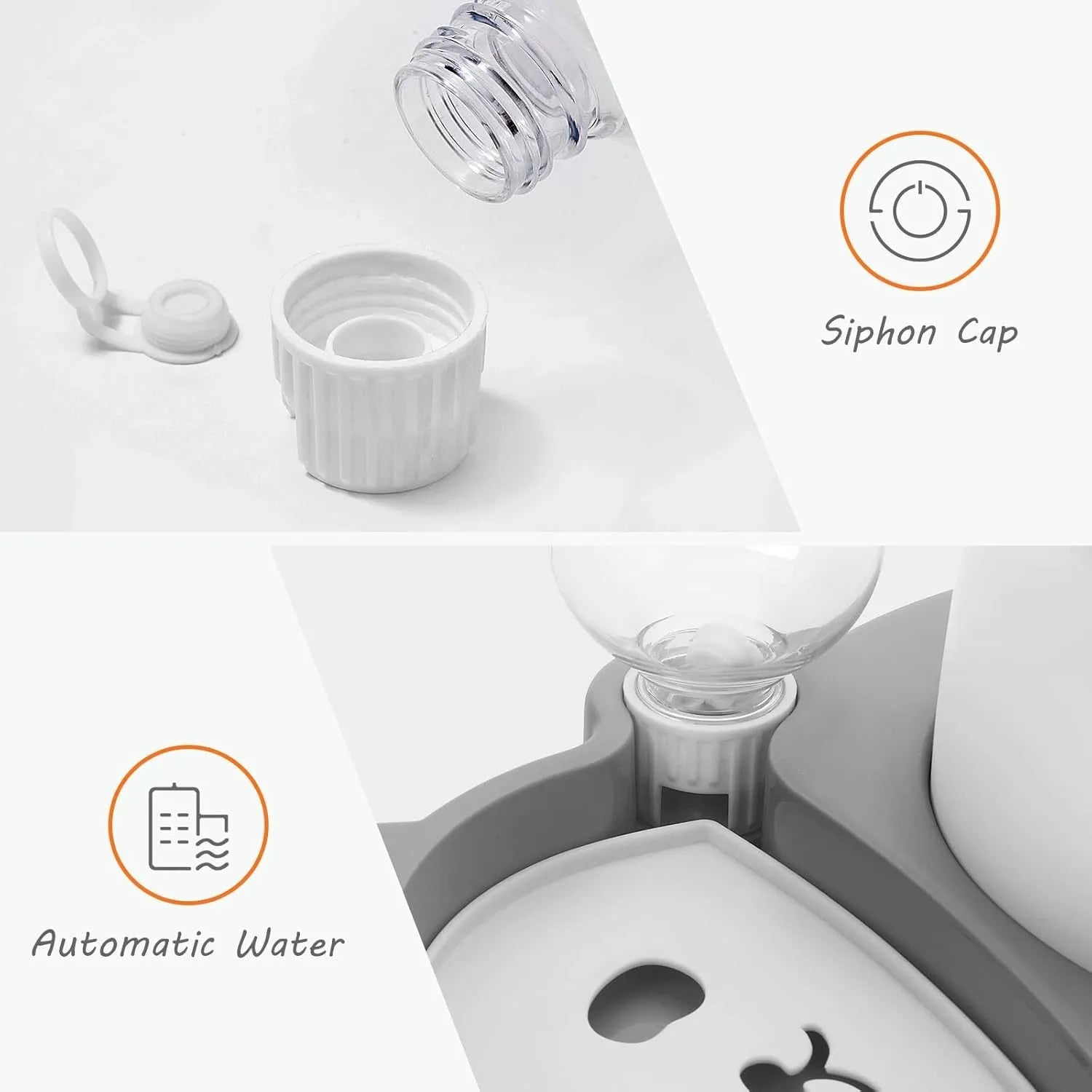 Grey panda-shaped automatic water dispenser and tilted stainless steel feeding bowl set for cats and small dogs