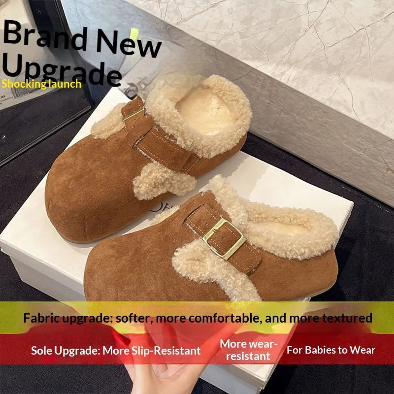 Baotou semi-drag fleece lazy cotton slippers in camel colour with closed toe and rubber sole on a light background