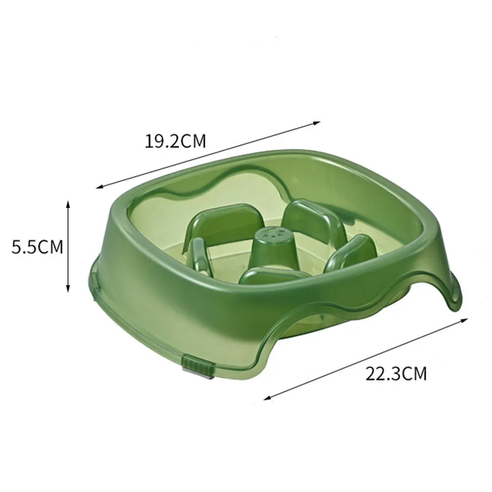 Blue plastic slow feeder dog bowl with internal ridges to prevent choking.
