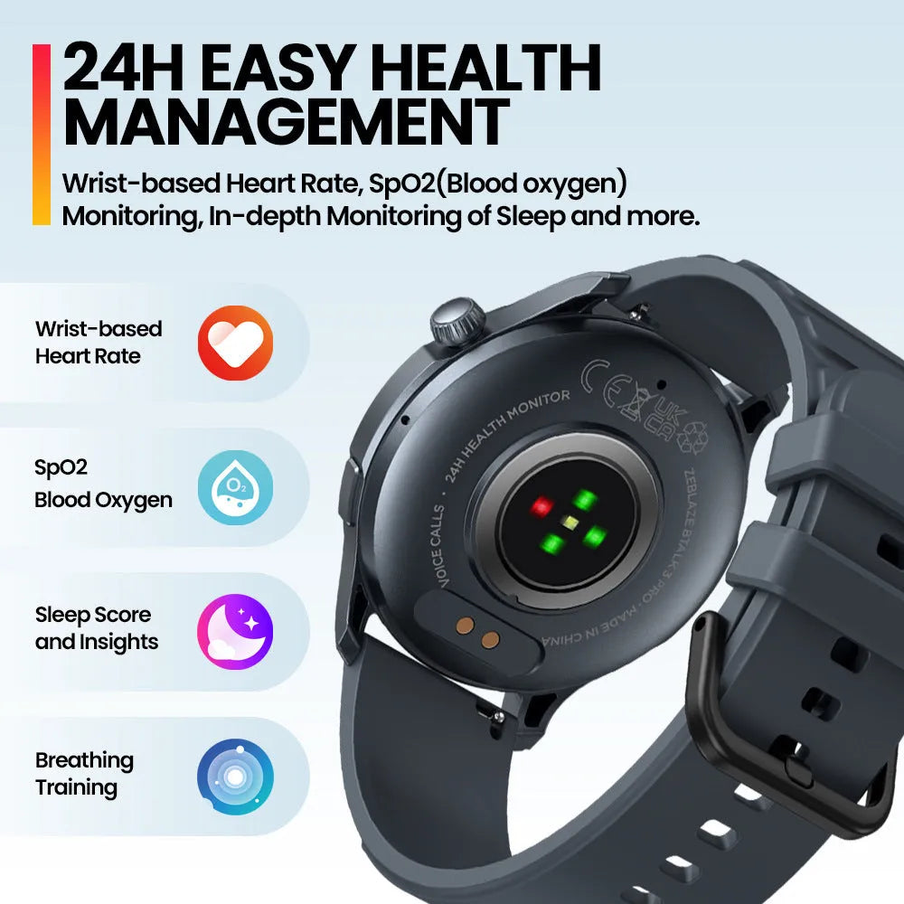 Btalk 3 Pro smart watch in blue on a wrist, showing its AMOLED display and health tracking features.