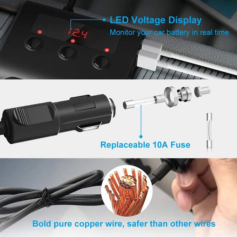 Black ABS car charger with 3 cigarette lighter ports and 4 USB ports for 12V vehicles