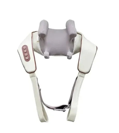 Milky white rechargeable shoulder and neck cervical massager with USB cable.