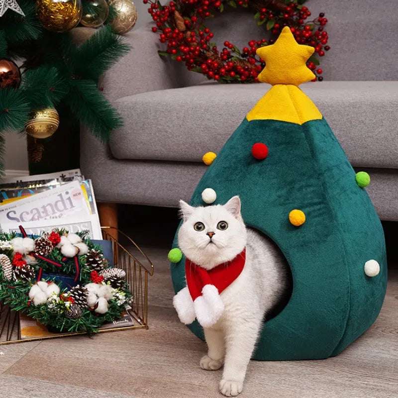 Plush teddy pet bed in Christmas tree cave shape with detachable and washable cover