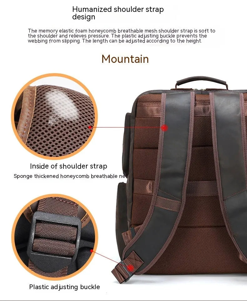 Dark brown genuine leather men's backpack open to show 17-inch laptop compartment and internal organiser pockets.