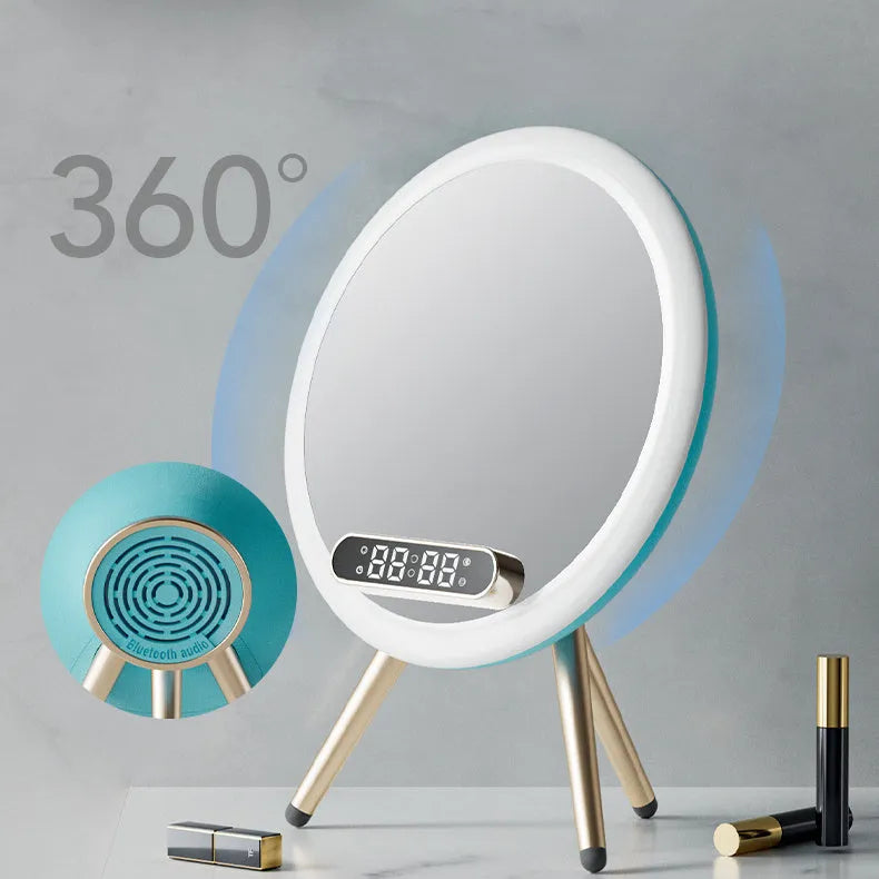 Multi-function LED mirror alarm clock with wireless charger and Bluetooth speaker in white and blue
