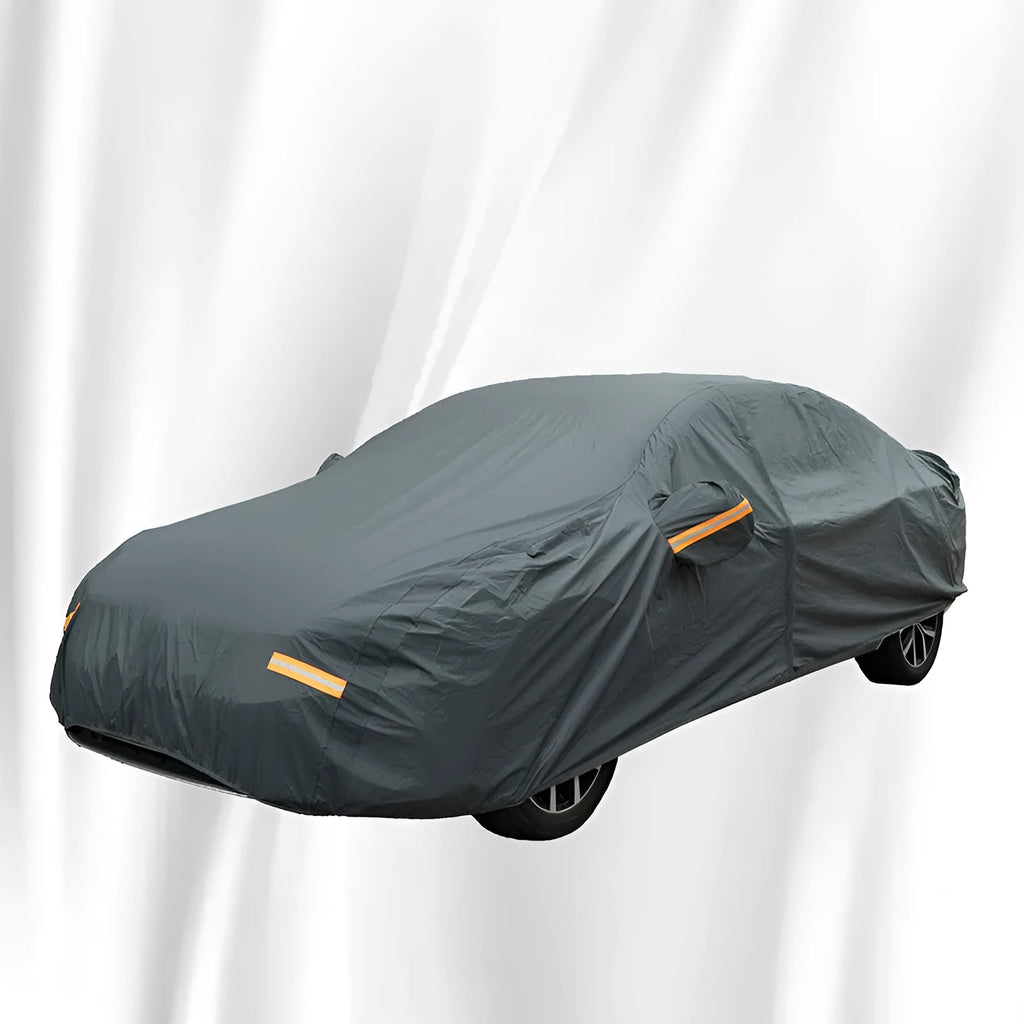 Grey PVC chemical fibre car cover for Volkswagen vehicles showing rainproof and sun protection features