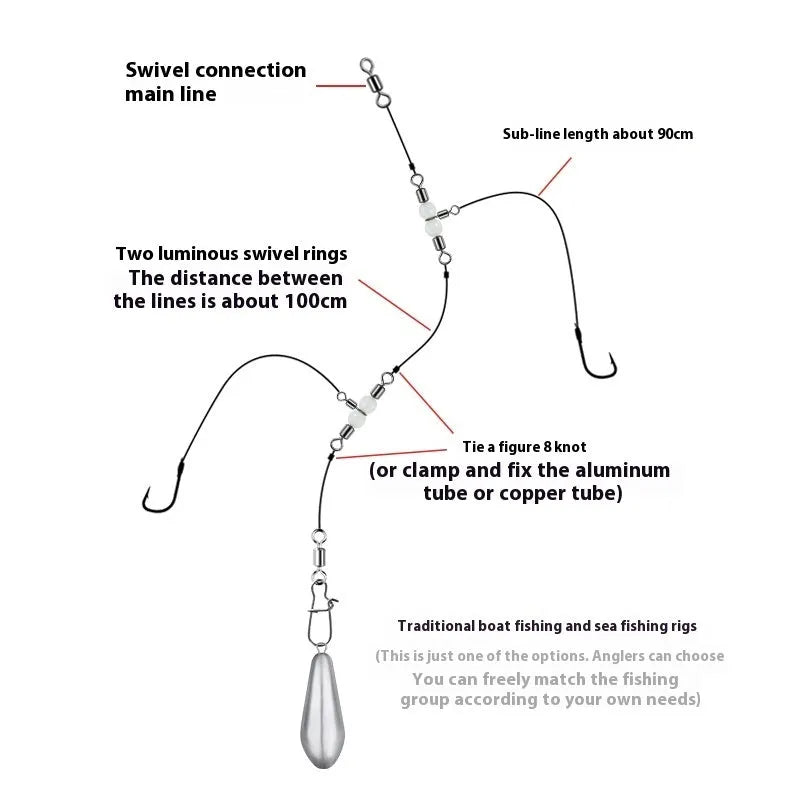 Copper fishing swivel with three forks, eight small balance rings, and glowing luminous beads on a dark background.